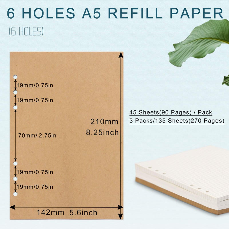 Toplive A5 Refill Paper, [3 Pack] Toplive 100GSM Thick Refillable Paper 6 Hole Filler Inserts Loose Leaf Paper 135 Sheets (270 Pages) for 6 Ring Binder Journal Notebook-Kraft Paper - Image 2